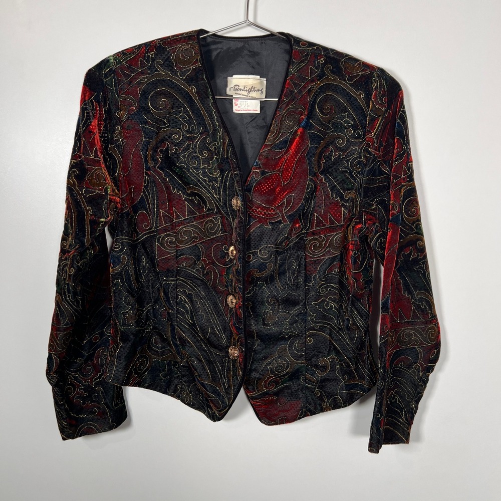 Vintage Whimsigoth Red Black Velvet Paisley Blazer Gold Metallic Jacket Size 7/8